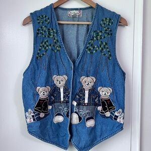 VTG New Directions Denim Teddy Bear Embroidered Vest 100% Cotton - Size Large
